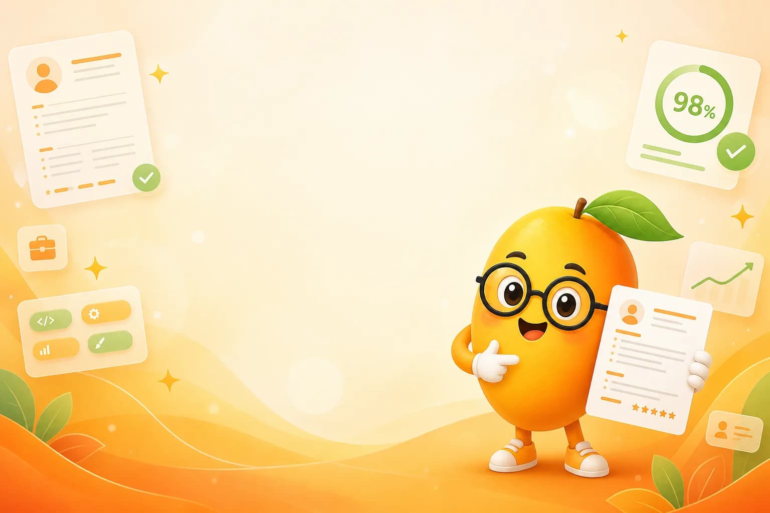 Mango CV mascot presenting an ATS-optimized resume with AI score badges